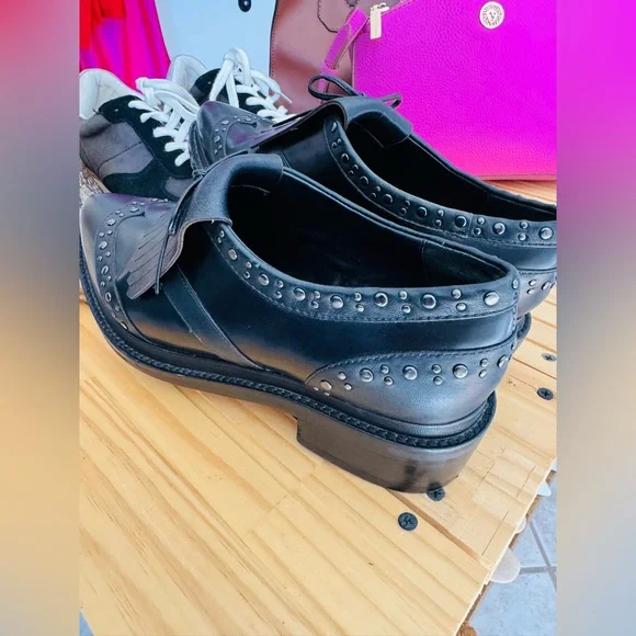 REBECCA MINKOFF Black Leather Hollis Oxford Studded Fringe Shoe Mocassin - Picture 3 of 7